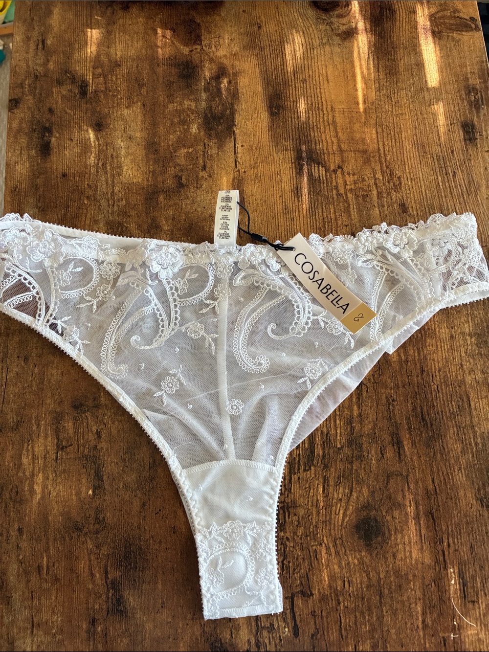 Cosabella White Embroidered Sheer Bikini Panty Sanika L large bridal NWT